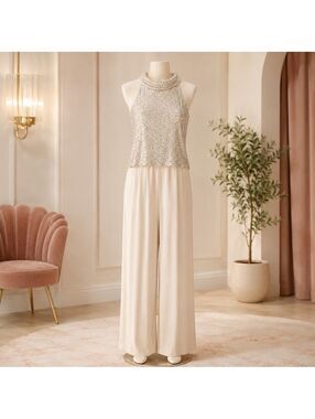 Silver Sequin Halter Cream Wide Leg Jumpsuit Formal Party Size 4